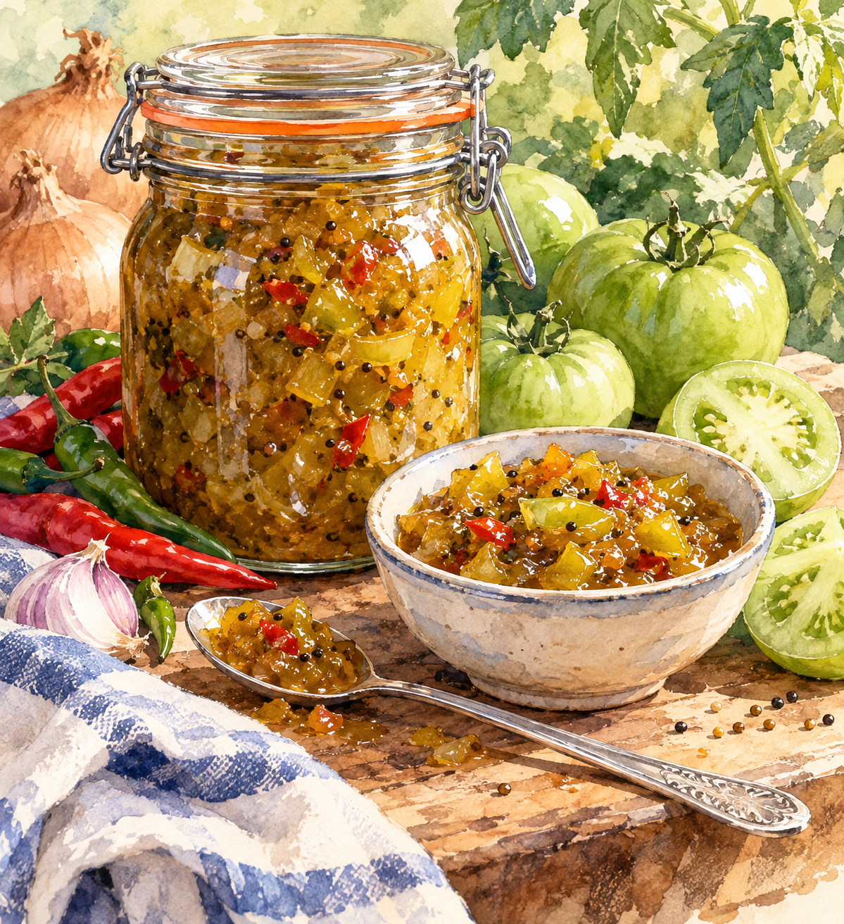 Watercolour illustration of green tomato chutney in a jar and bowl, surrounded by green tomatoes, chillies and onions.